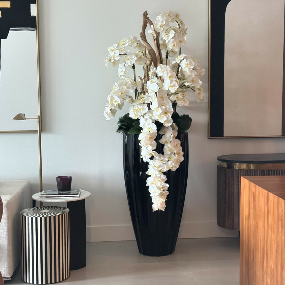 Weiße Kaskaden-Orchideen in sandbeiger San Jose Vase