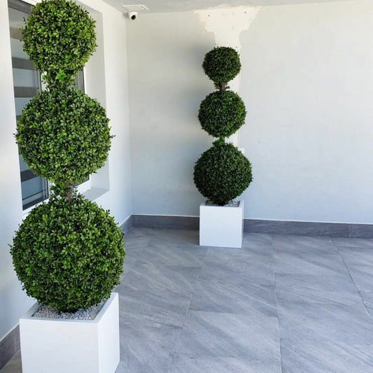 Dreifach-Kugel-Topiary im mittelgroßen Block-Pflanzgefäß aus Fiberglas