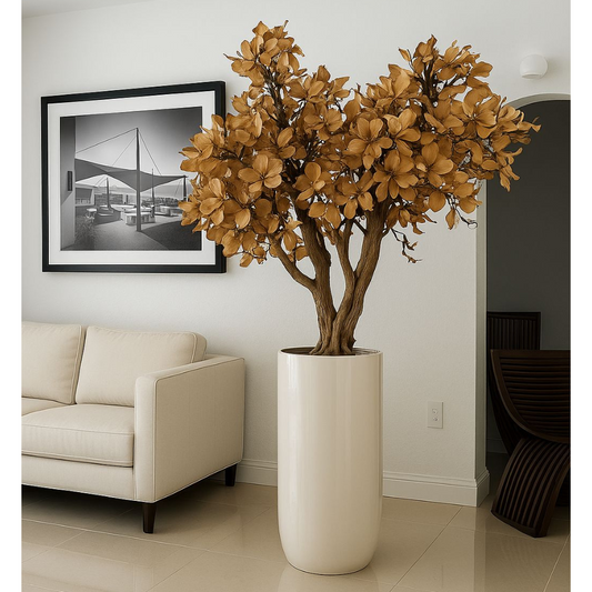 Beigefarbener Magnolienbaum im glänzend weißen St. Tropez Topf
