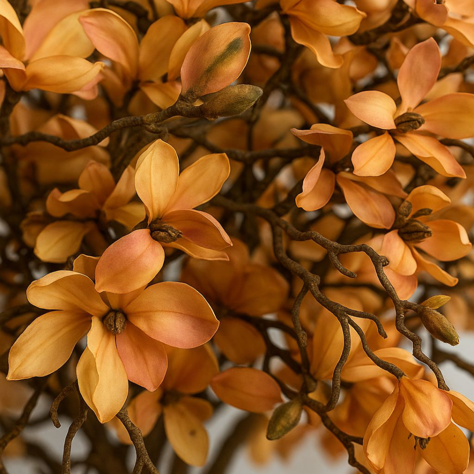 Beigefarbener Magnolienbaum im glänzend weißen St. Tropez Topf