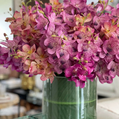 Buntes Mokara-Orchideenarrangement im großen Rota-Glaszylinder