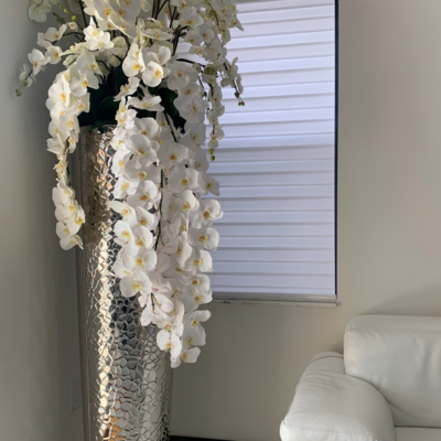 Kaskadierende Phalaenopsis-Orchideen in extra hoher Hammerschlag-Vase